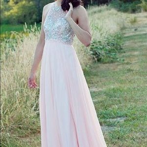 Faviana pink beaded illusion bridesmaid prom gown